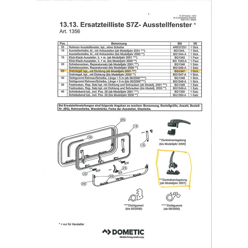 Cerradura de botón para el armario Dometic S7Z - ventana que sobresale hacia el exterior - modelo a partir de 2001 - por unidad