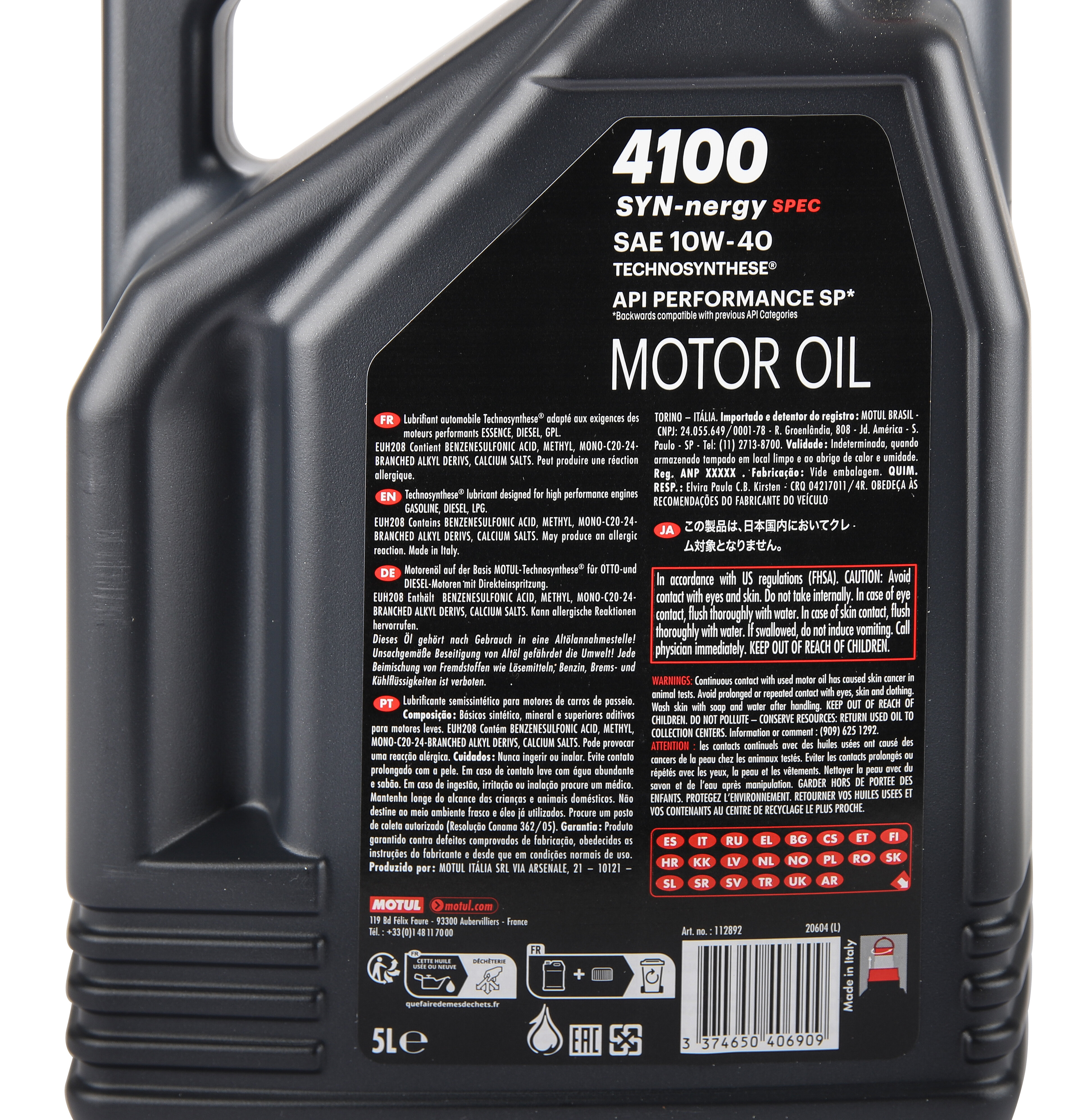MOTUL 4100 Syn-Nergy Spec 10W40 engine oil - Technosynthèse - 5 Litres